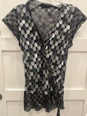 BCBGMaxAzria Black and White Velvet Burnout Polka Dot Sheer Wrap Blouse